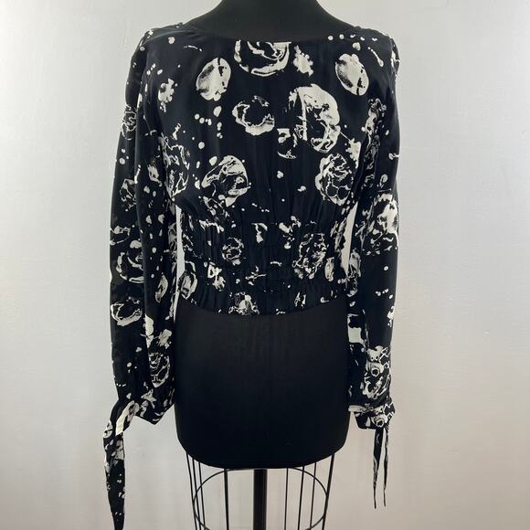 MARIA STANLEY Hamline Blouse Top Black White Cosmos Puff Sleeve Square Neck Sz L - Picture 7 of 11